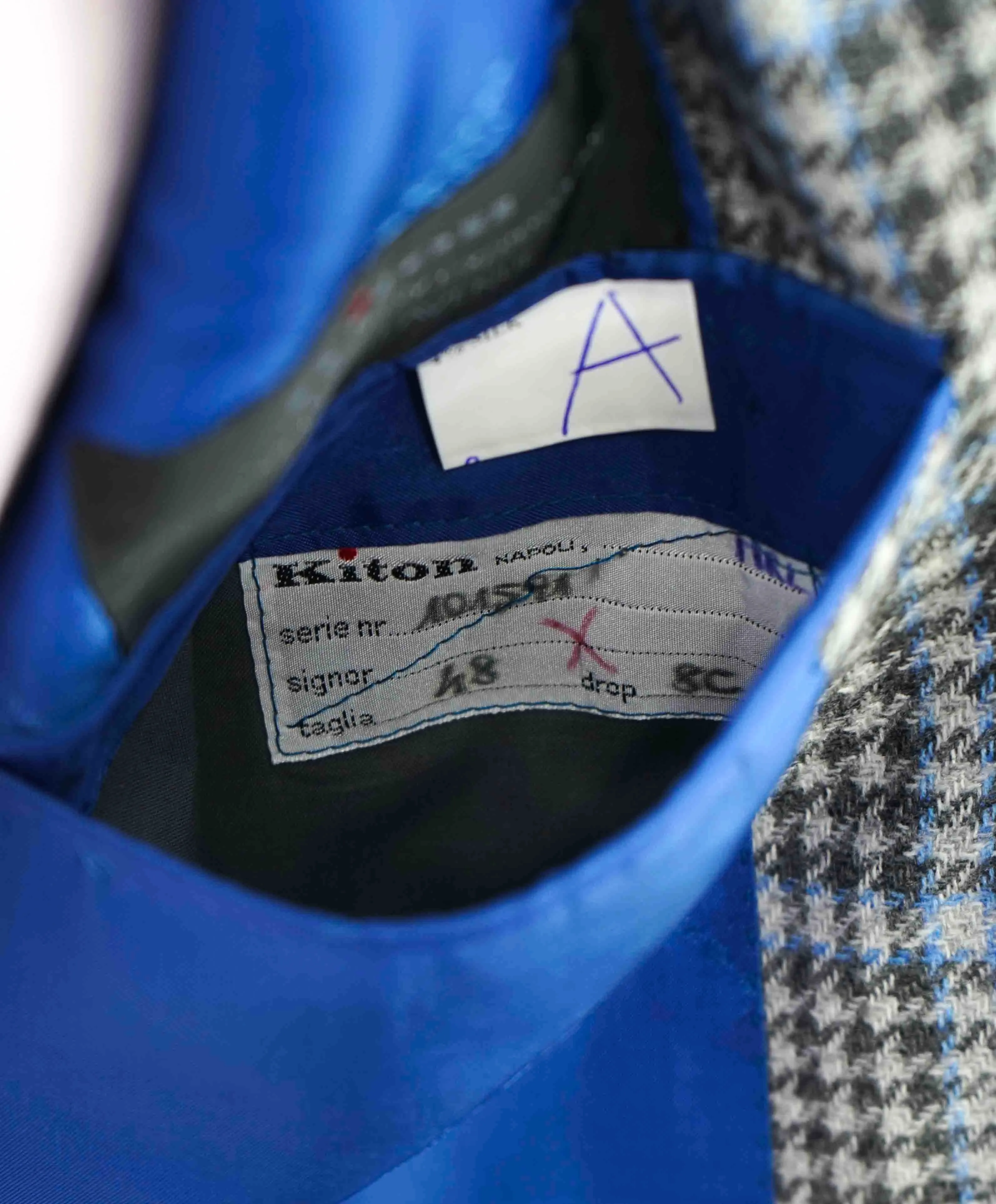 $8,125 KITON - *CASHMERE* Gray & Blue Houndstooth Check Blazer - 38S