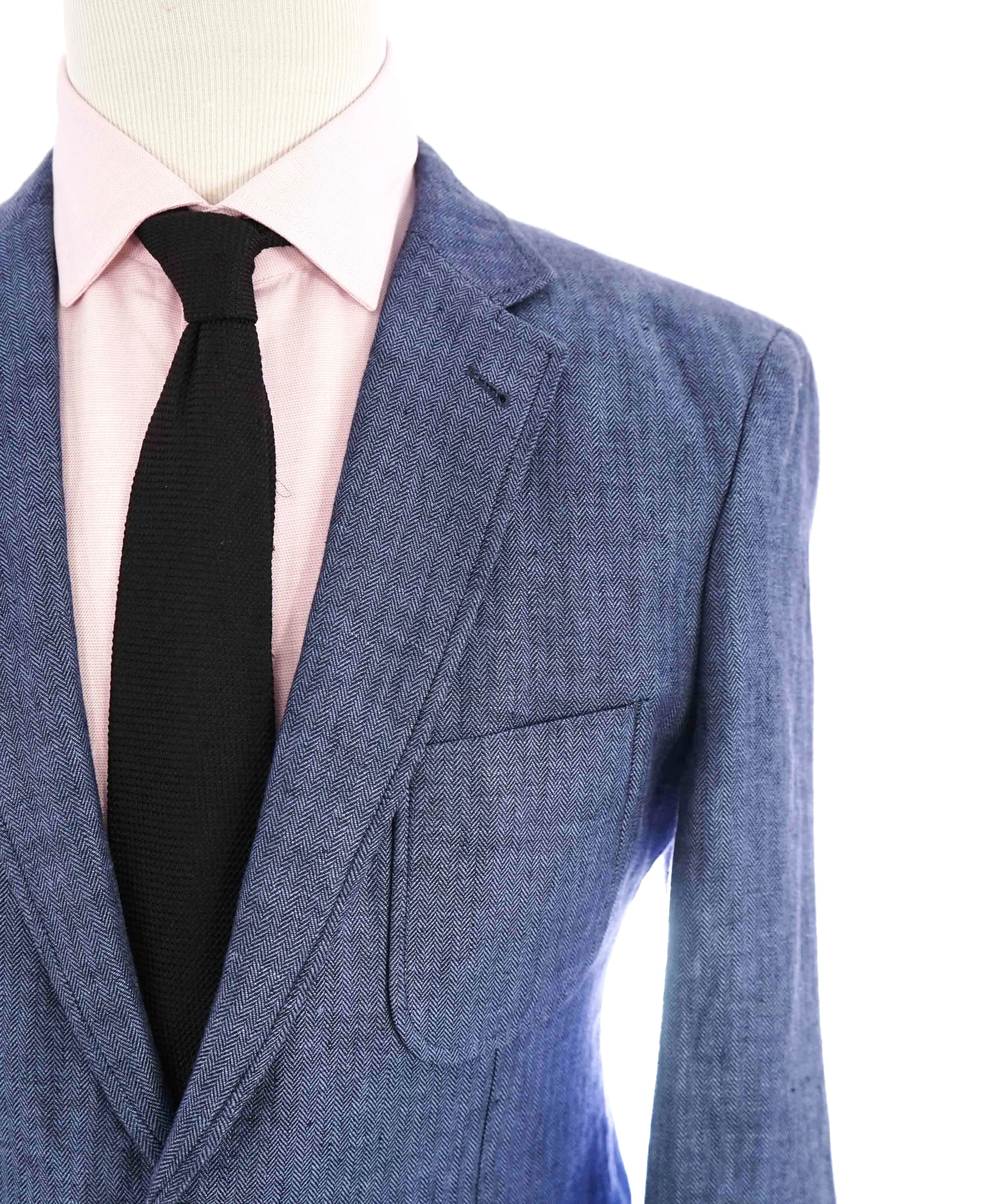 $995 SAKS FIFTH AVENUE - Blue Herringbone Distressed Linen Blazer - 40R