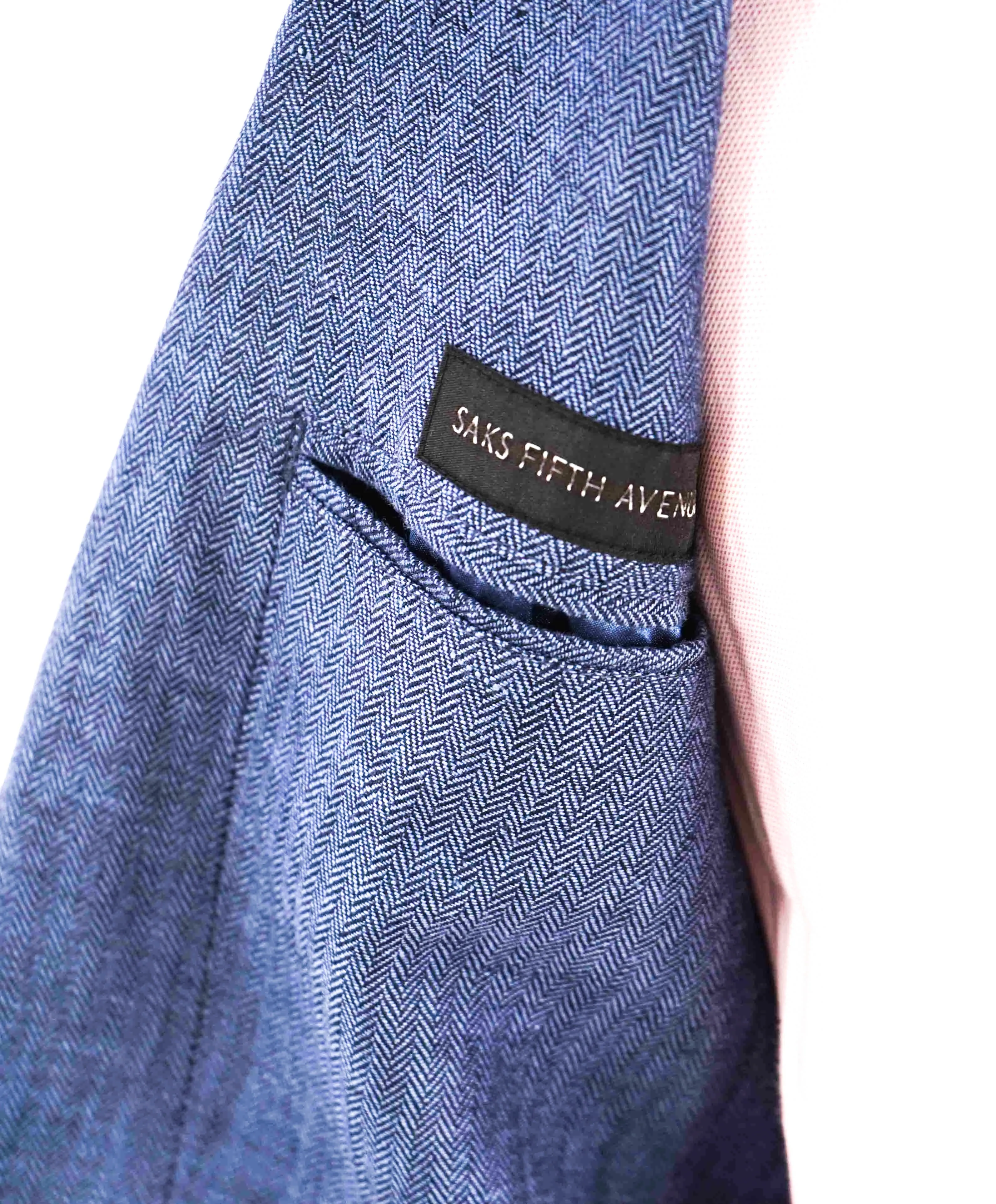 $995 SAKS FIFTH AVENUE - Blue Herringbone Distressed Linen Blazer - 40R
