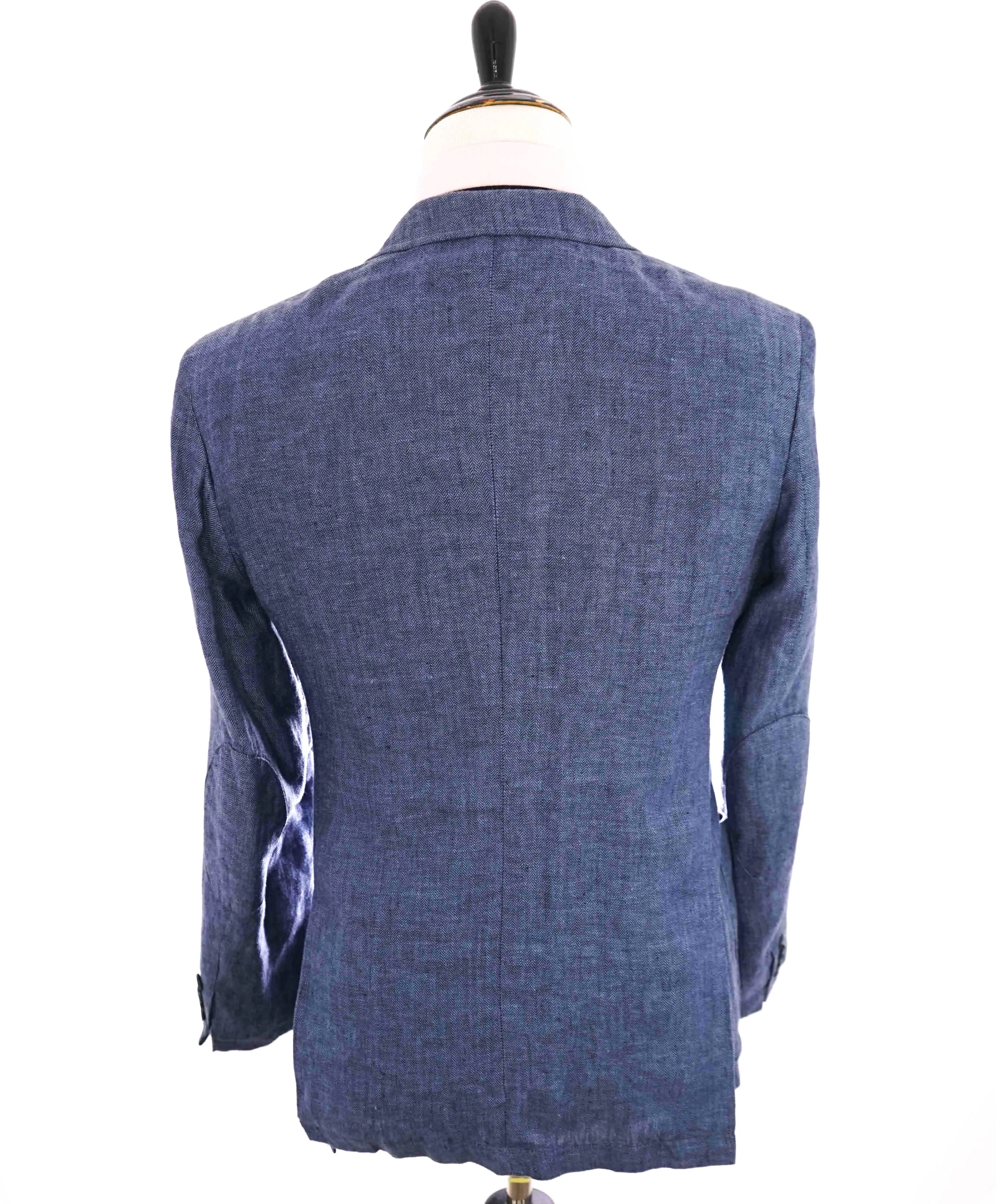 $995 SAKS FIFTH AVENUE - Blue Herringbone Distressed Linen Blazer - 40R