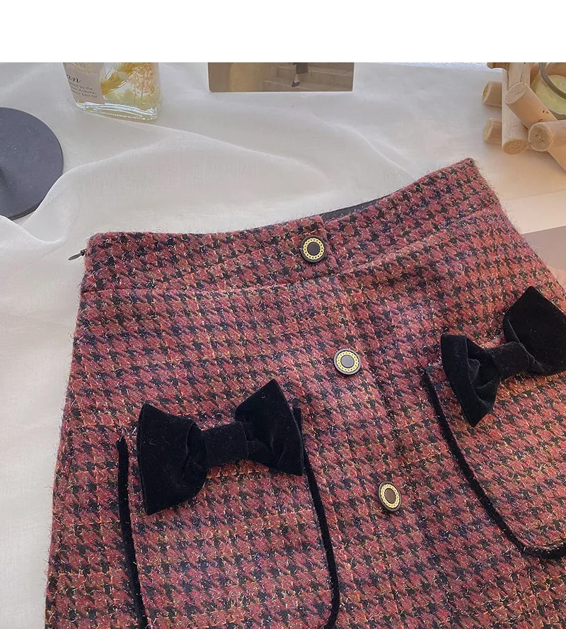 Bow high waist single breasted Plaid A-line skirt  5622