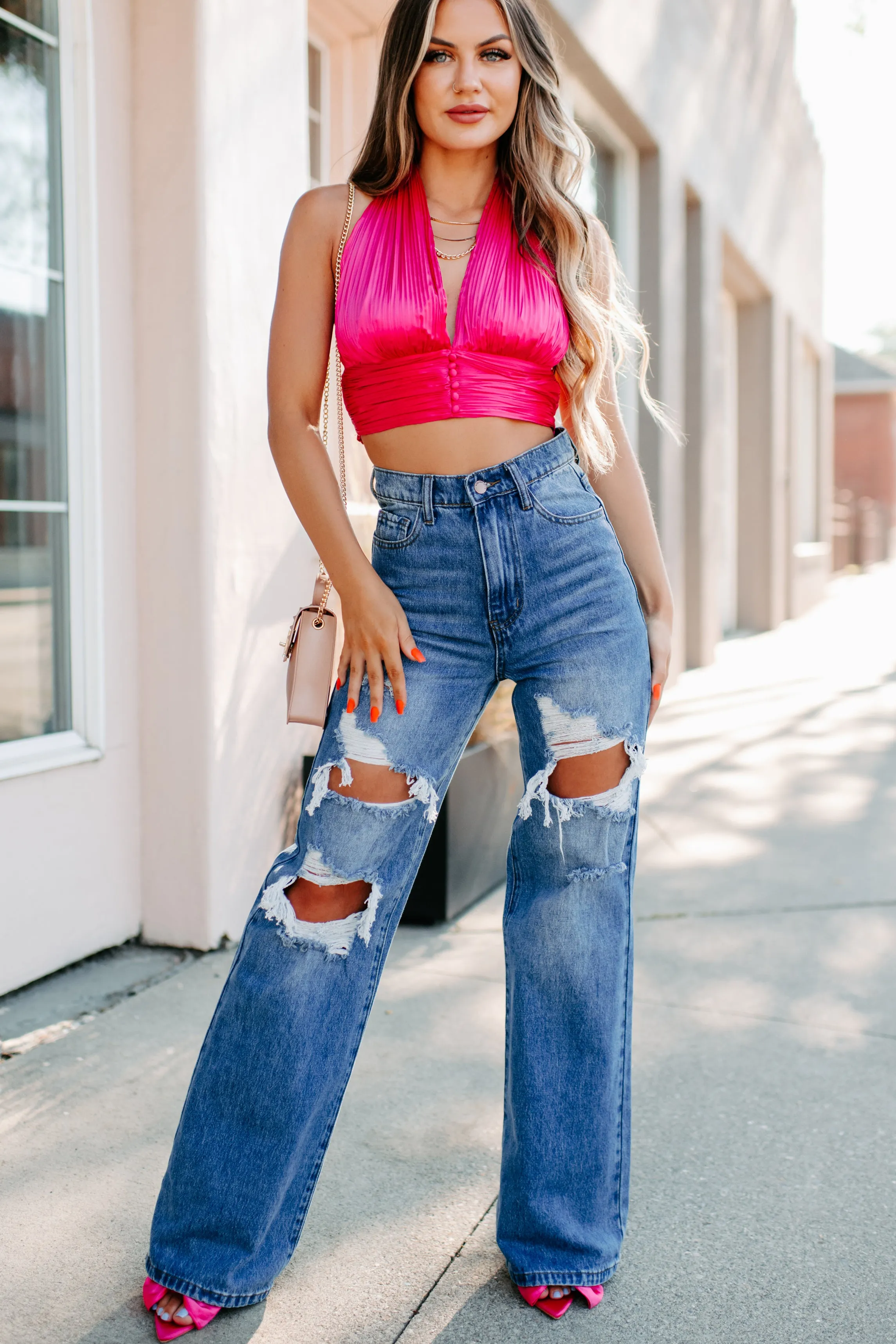 Caden High Rise Distressed Wide Leg Jean (Medium)