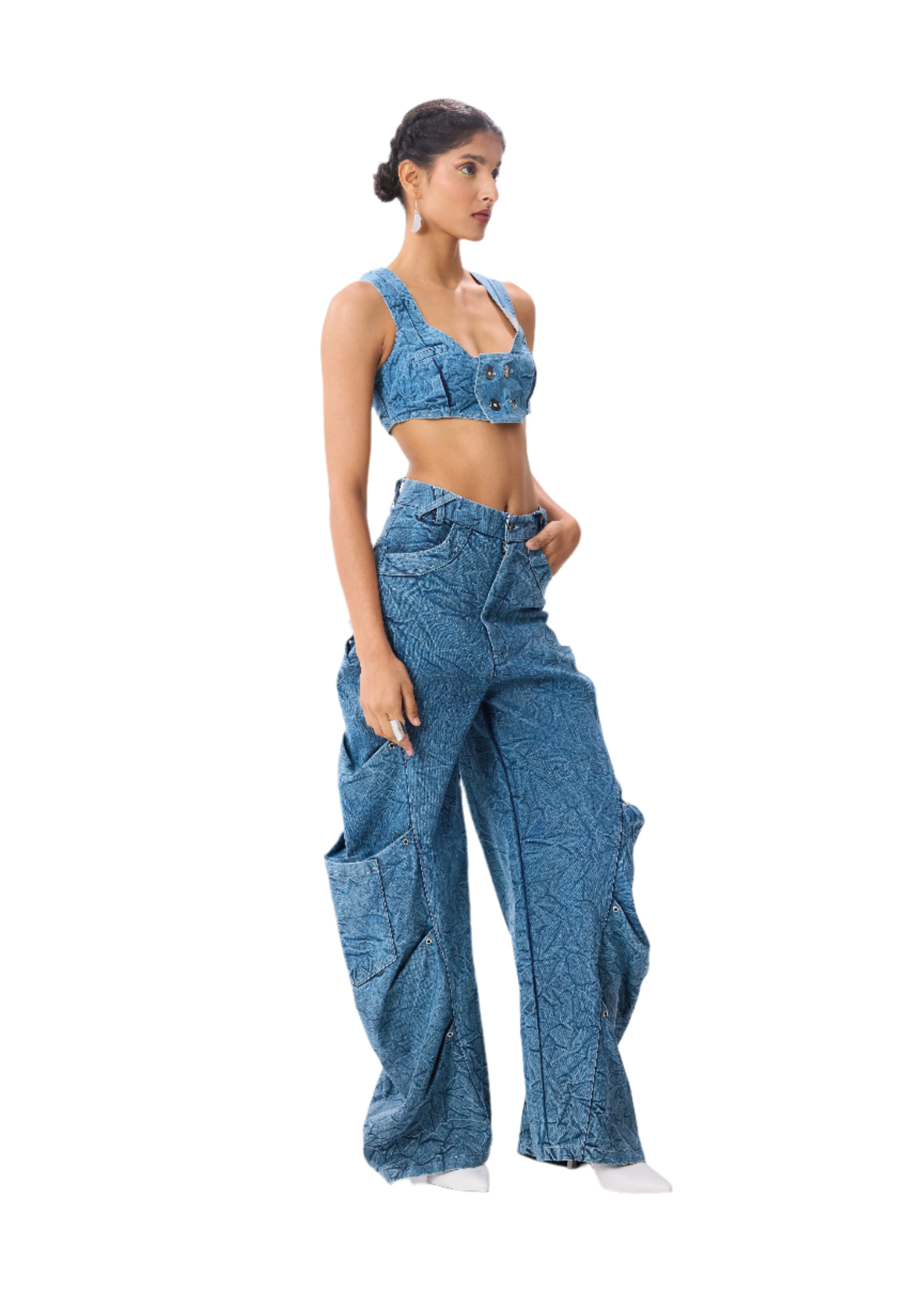 Denim Vest   Baggy Cargo Pants Set