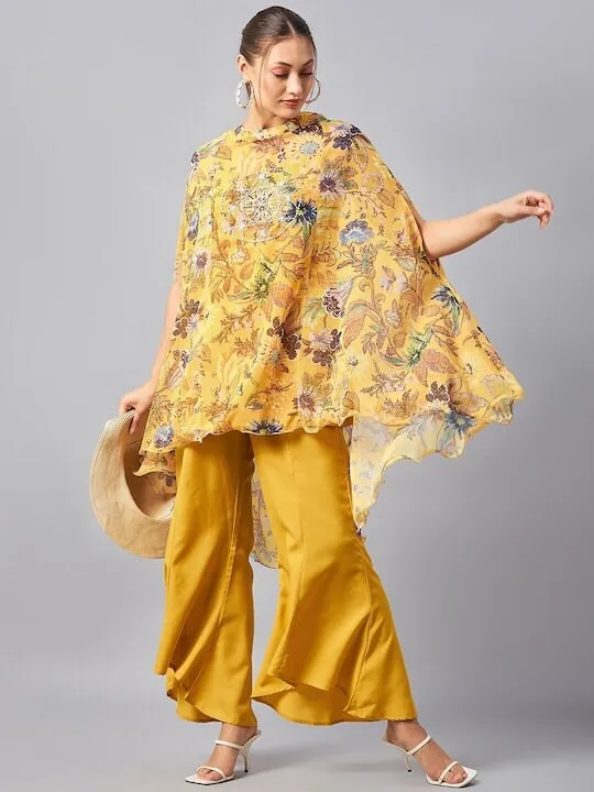 Embroidered Floral Kaftan Tunic Top With Flared Palazzo For Women