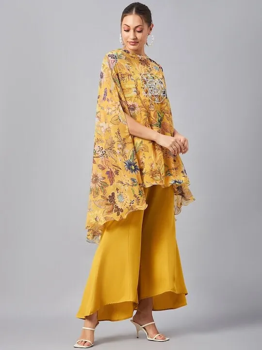 Embroidered Floral Kaftan Tunic Top With Flared Palazzo For Women