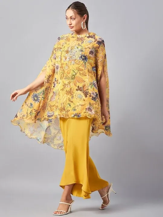 Embroidered Floral Kaftan Tunic Top With Flared Palazzo For Women