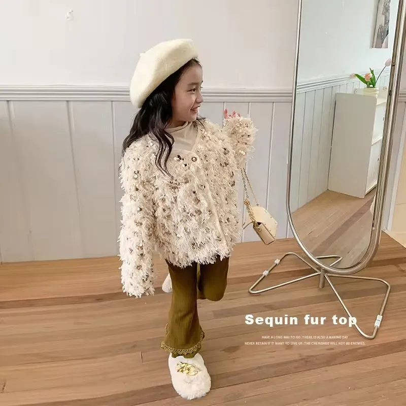 Girls Sequins Fur Coat