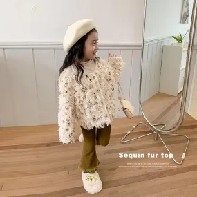 Girls Sequins Fur Coat