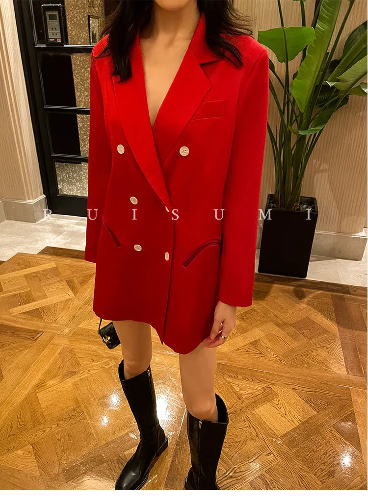 light luxury satin suit retro straight loose red blazer dress suit jacket - TII
