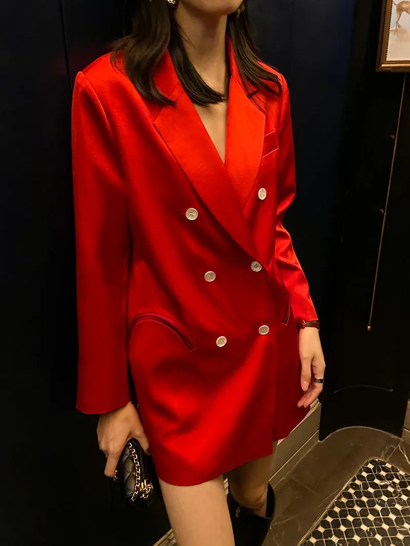 light luxury satin suit retro straight loose red blazer dress suit jacket - TII