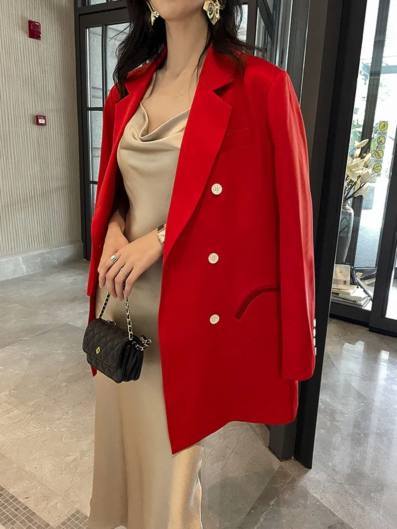 light luxury satin suit retro straight loose red blazer dress suit jacket - TII