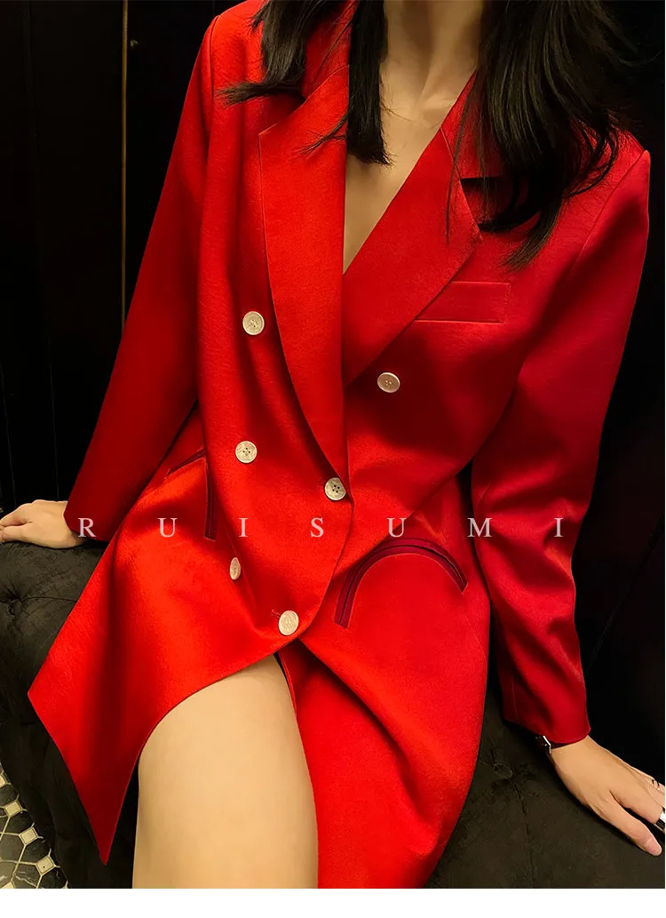 light luxury satin suit retro straight loose red blazer dress suit jacket - TII