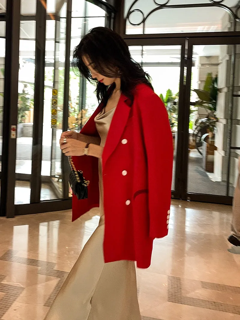 light luxury satin suit retro straight loose red blazer dress suit jacket - TII
