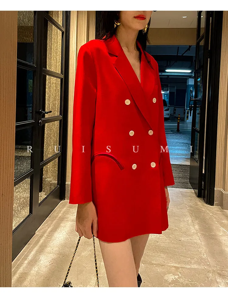 light luxury satin suit retro straight loose red blazer dress suit jacket - TII