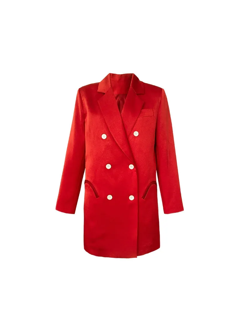 light luxury satin suit retro straight loose red blazer dress suit jacket - TII