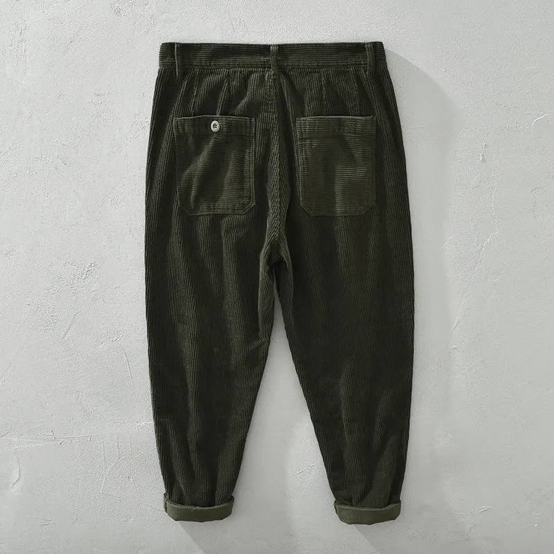 Mens Corduroy Pants Japanese-Style Retro Casual Pants Men's Loose Straight Thickening Overalls