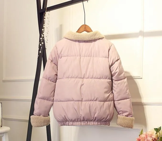 Padded Fluffy Collar Basic Pastel Colors Warm Coat Jacket
