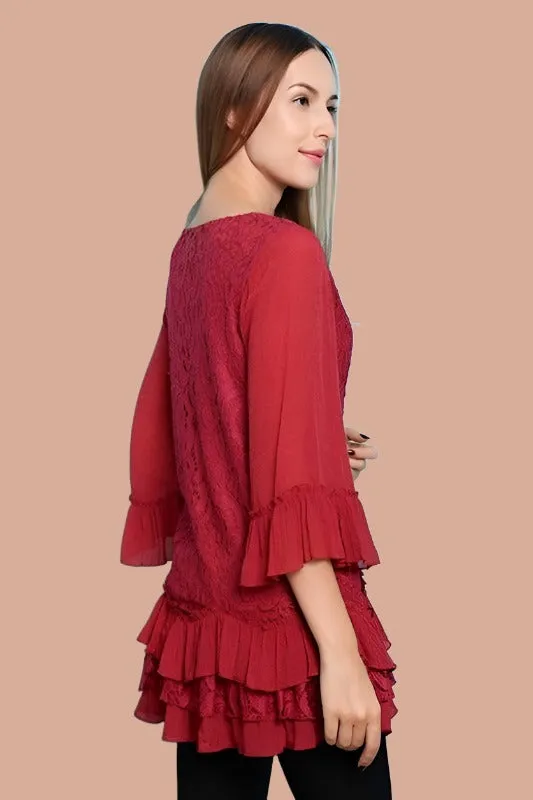 Paisley Vine Lace Tunic Ruffles Top - Crimson Red