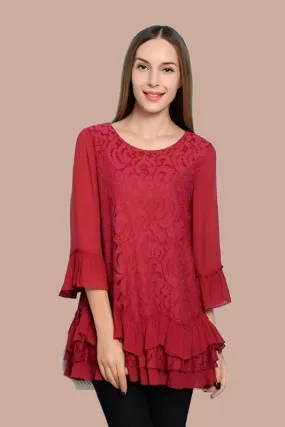 Paisley Vine Lace Tunic Ruffles Top - Crimson Red
