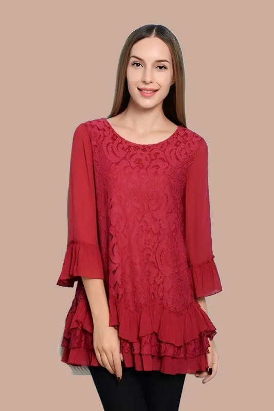Paisley Vine Lace Tunic Ruffles Top - Crimson Red