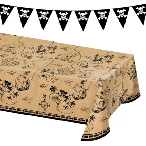 Pirate Party Supplies - Plastic Treasure Map Table Cover and Black Pennant Flag Banner Garland Set