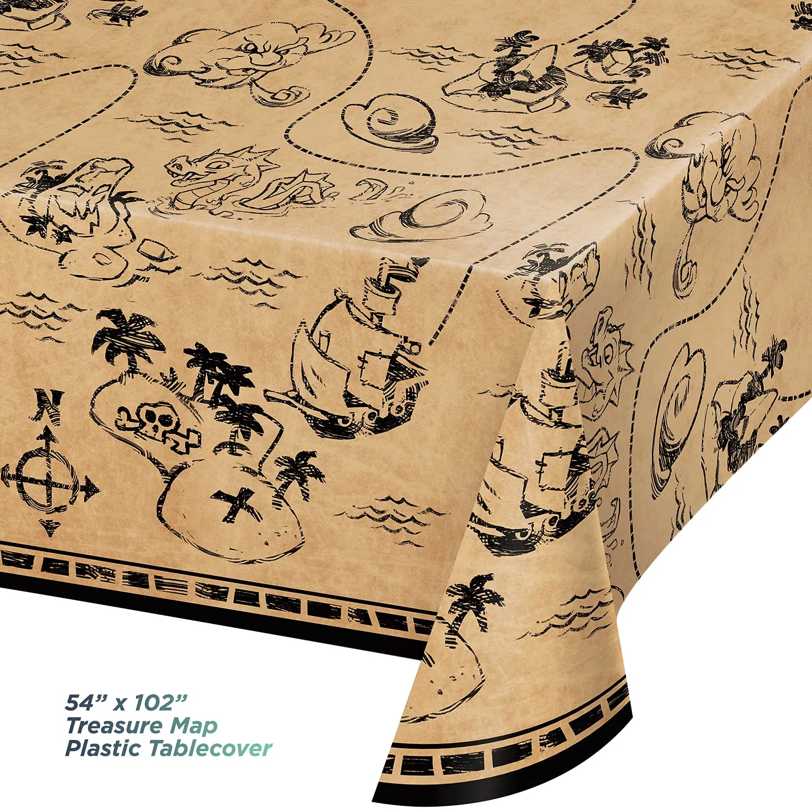 Pirate Party Supplies - Plastic Treasure Map Table Cover and Black Pennant Flag Banner Garland Set