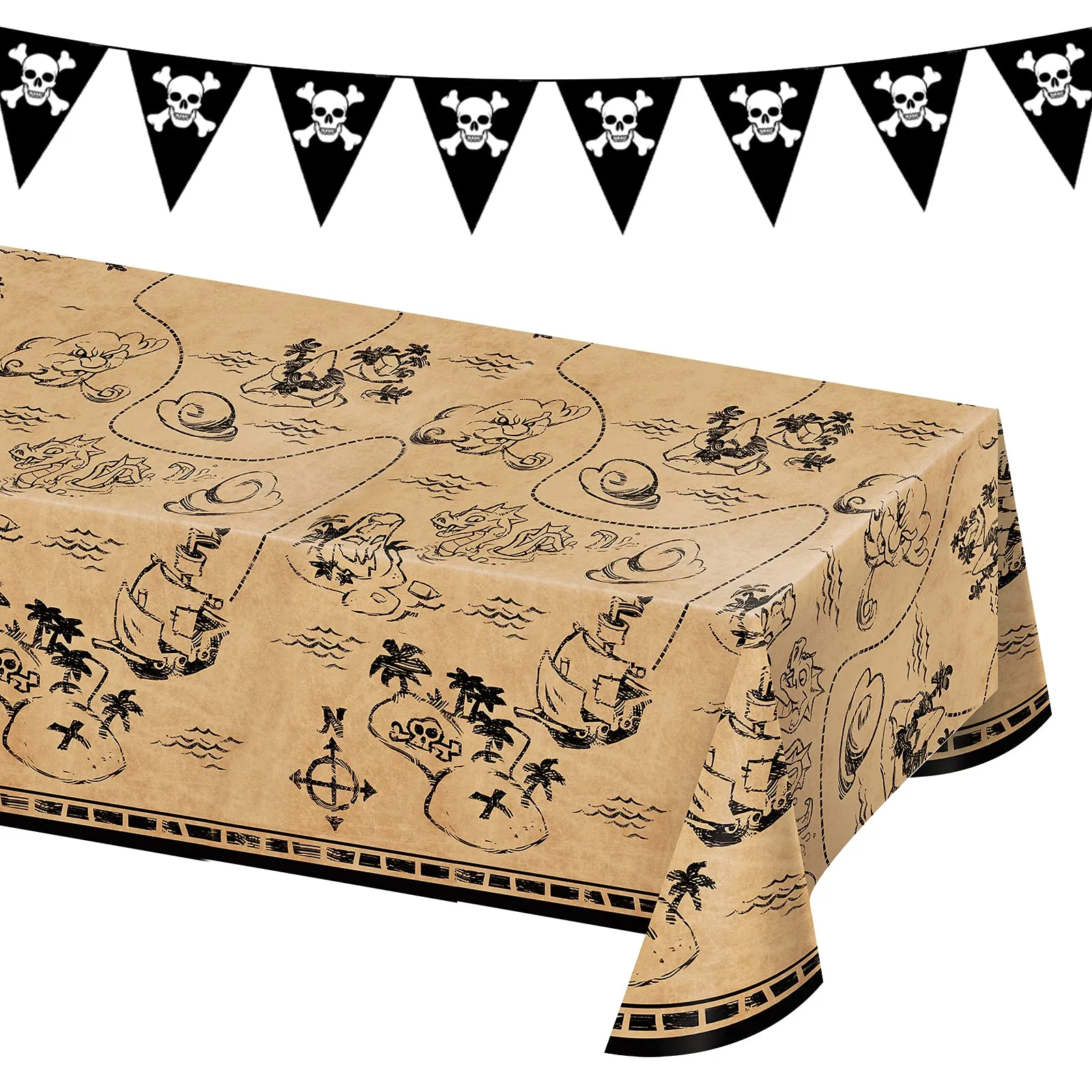 Pirate Party Supplies - Plastic Treasure Map Table Cover and Black Pennant Flag Banner Garland Set
