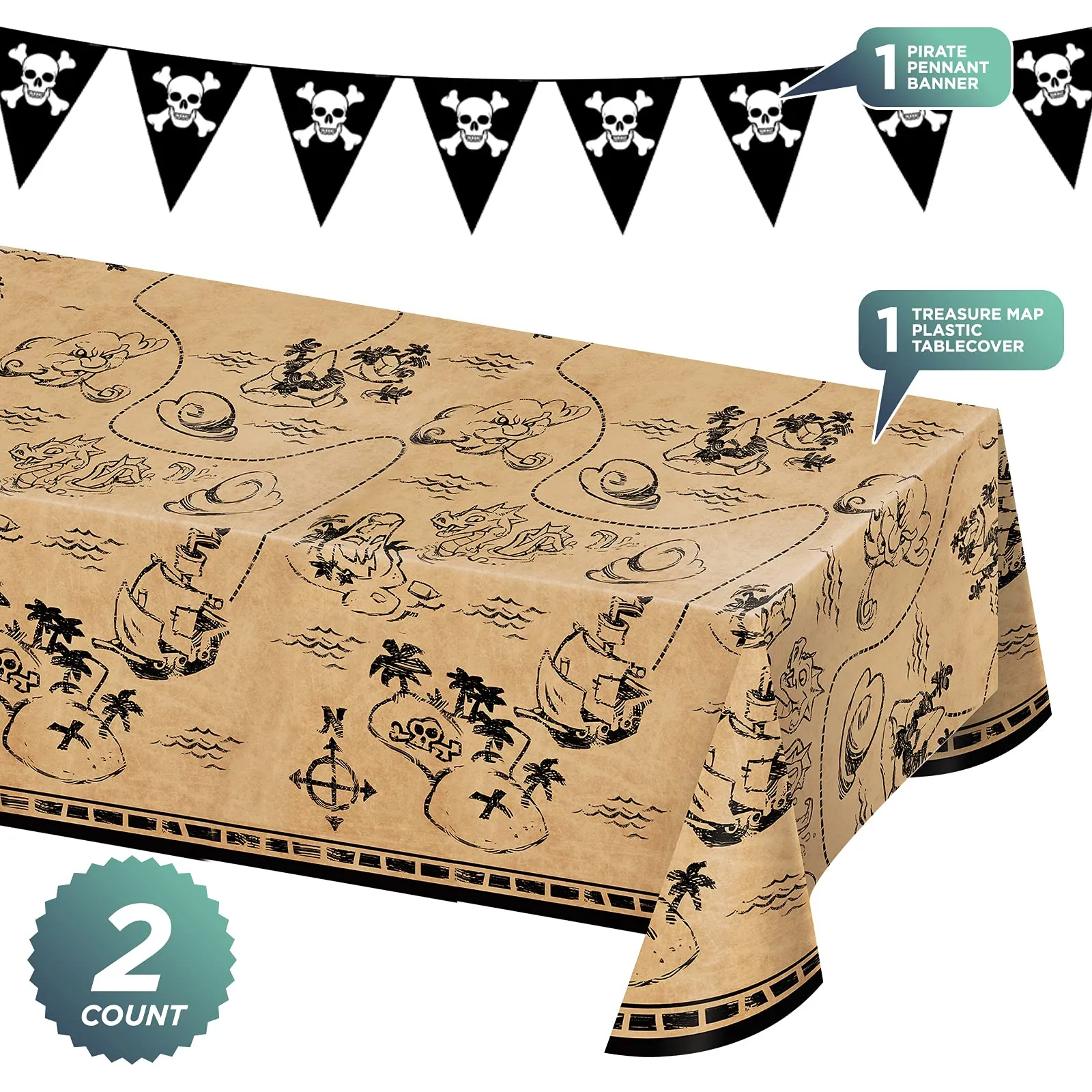 Pirate Party Supplies - Plastic Treasure Map Table Cover and Black Pennant Flag Banner Garland Set