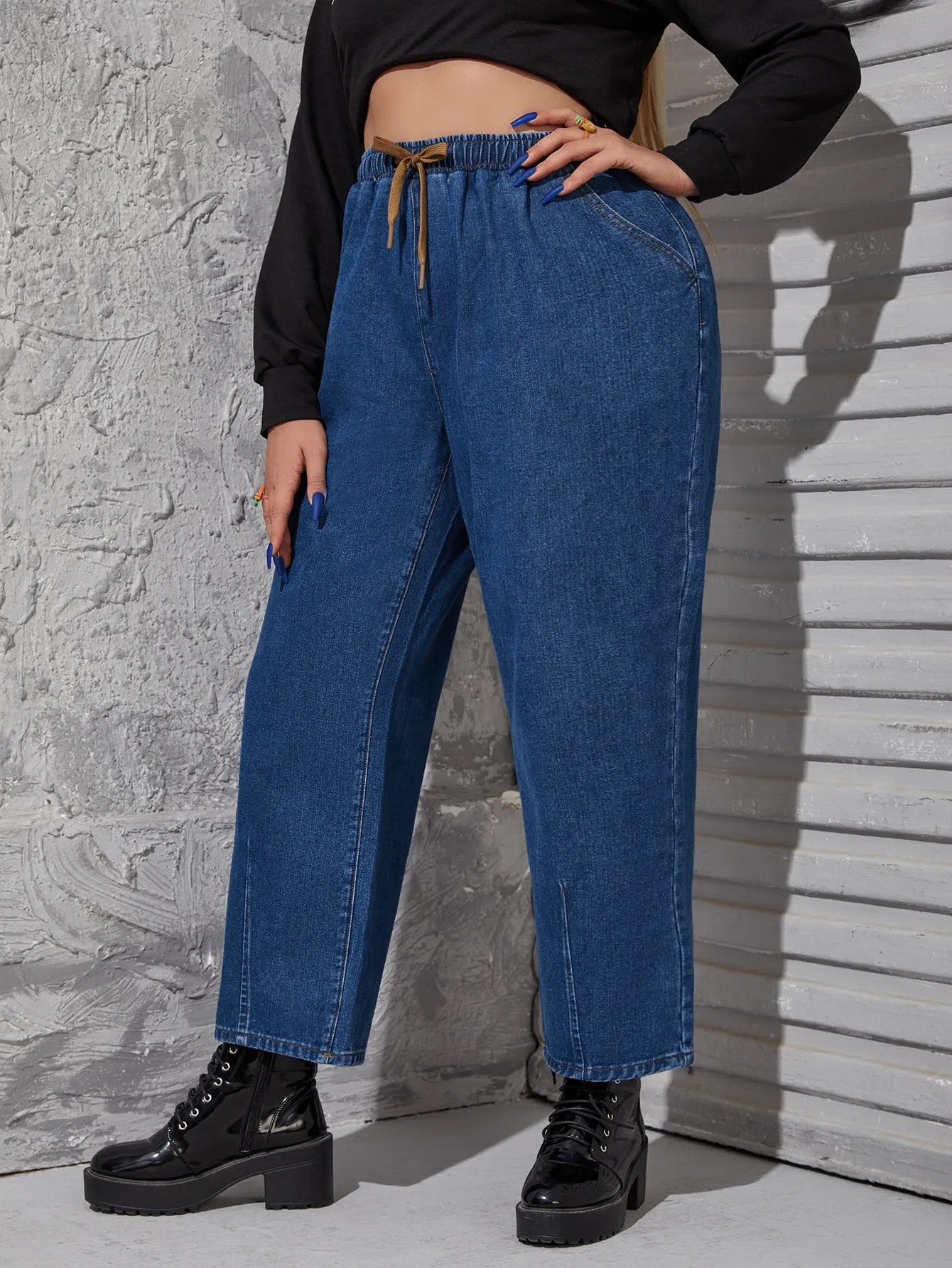 Plain Drawstring High Waist Cropped Plus Size Jeans