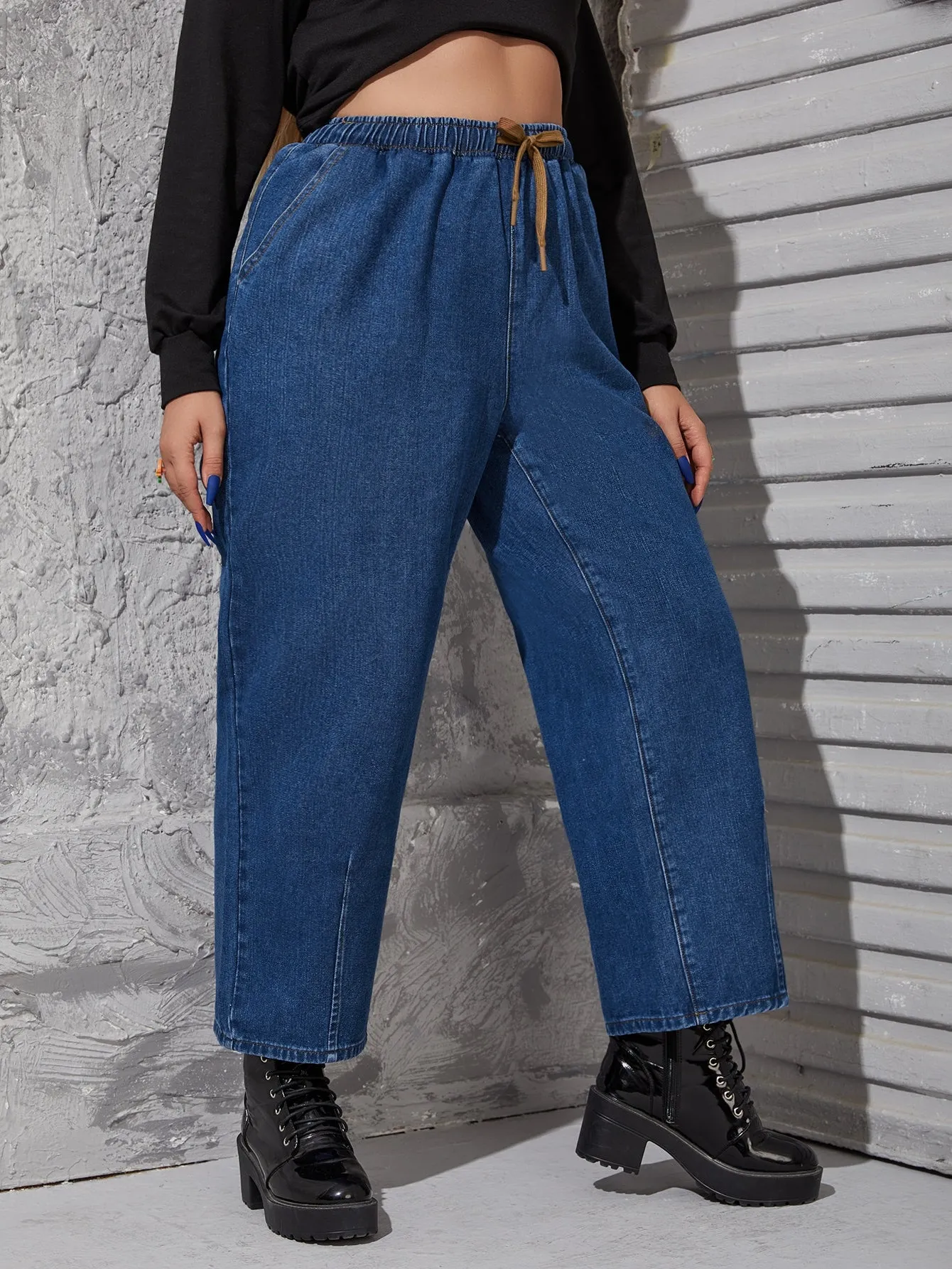 Plain Drawstring High Waist Cropped Plus Size Jeans