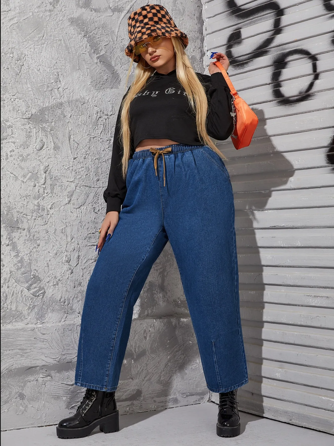 Plain Drawstring High Waist Cropped Plus Size Jeans