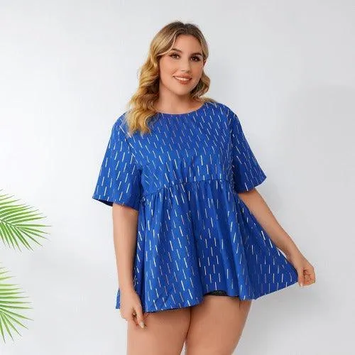 Plus Size Short Sleeve Striped Print Tunic Casual Blouse