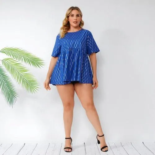 Plus Size Short Sleeve Striped Print Tunic Casual Blouse