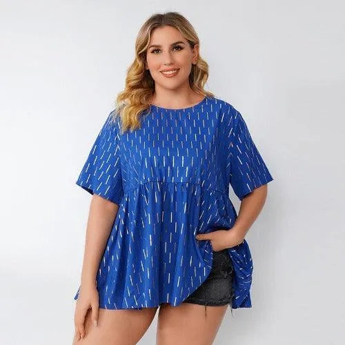 Plus Size Short Sleeve Striped Print Tunic Casual Blouse
