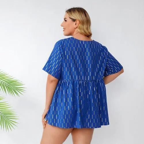 Plus Size Short Sleeve Striped Print Tunic Casual Blouse