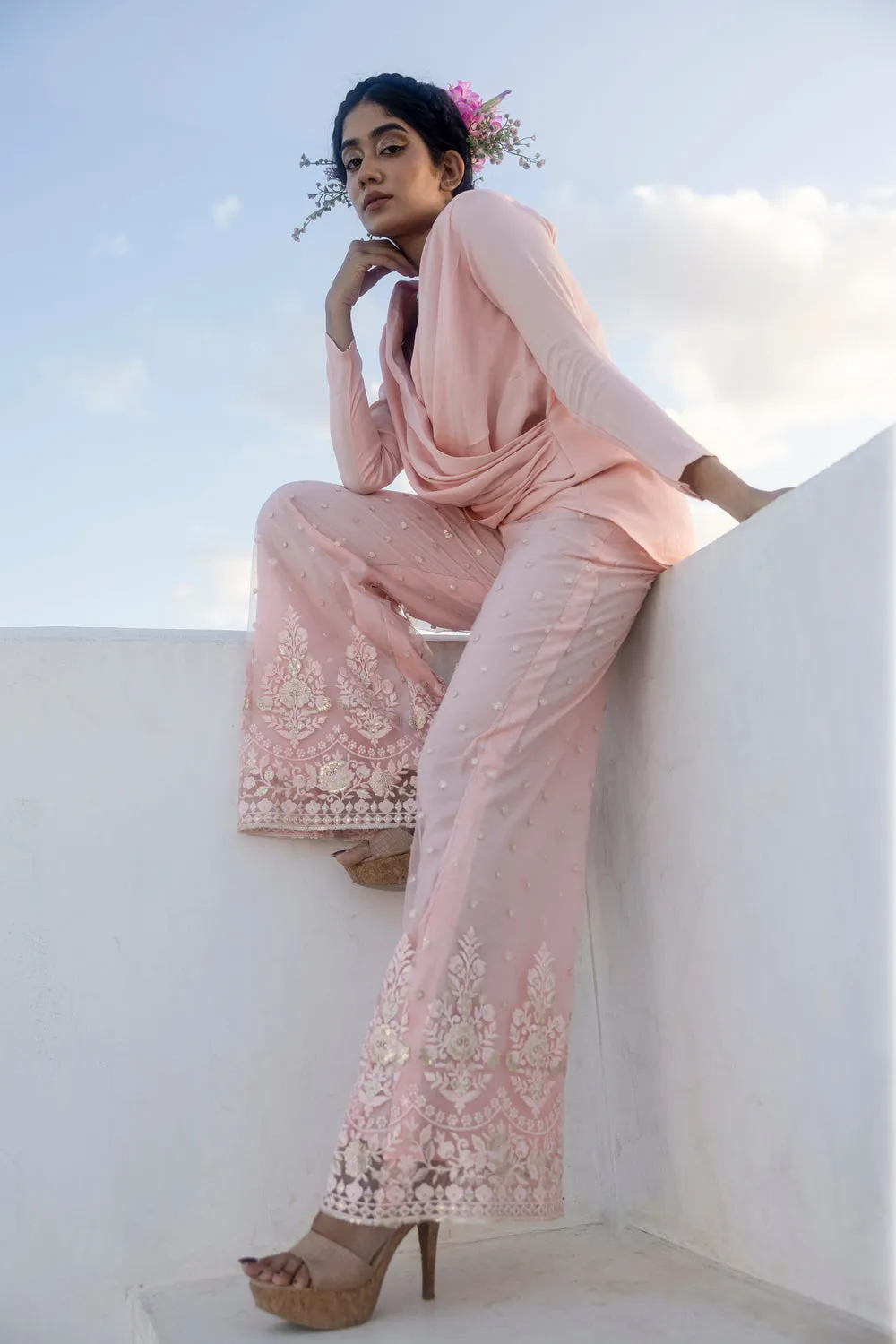 Satin Draped Blazer With Net Embroidered Pants