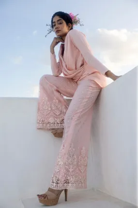 Satin Draped Blazer With Net Embroidered Pants