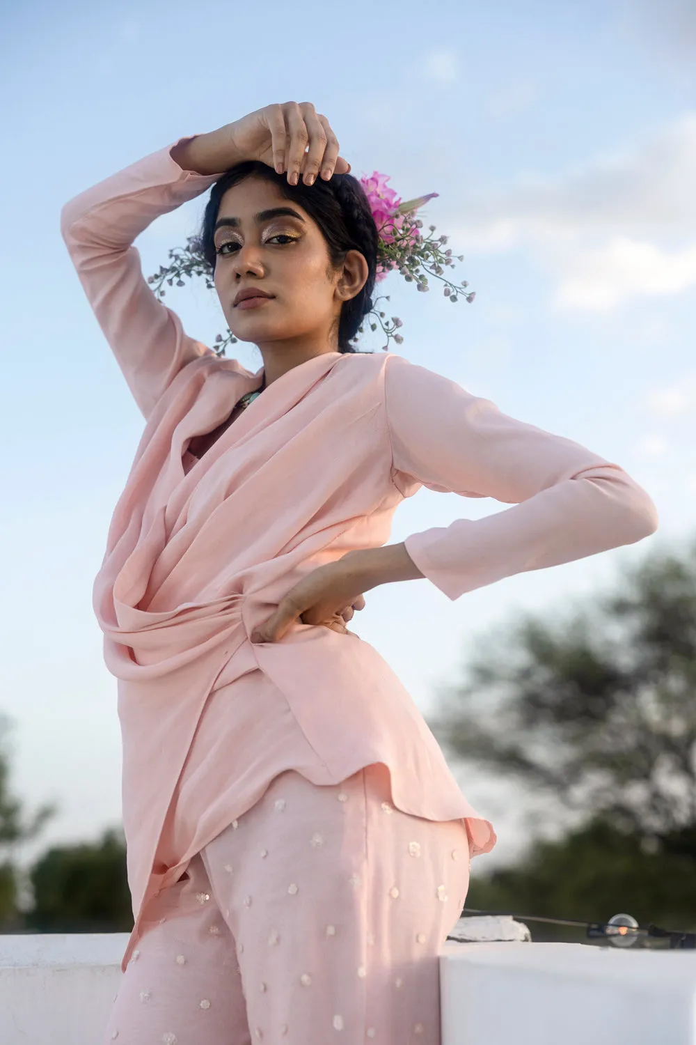 Satin Draped Blazer With Net Embroidered Pants