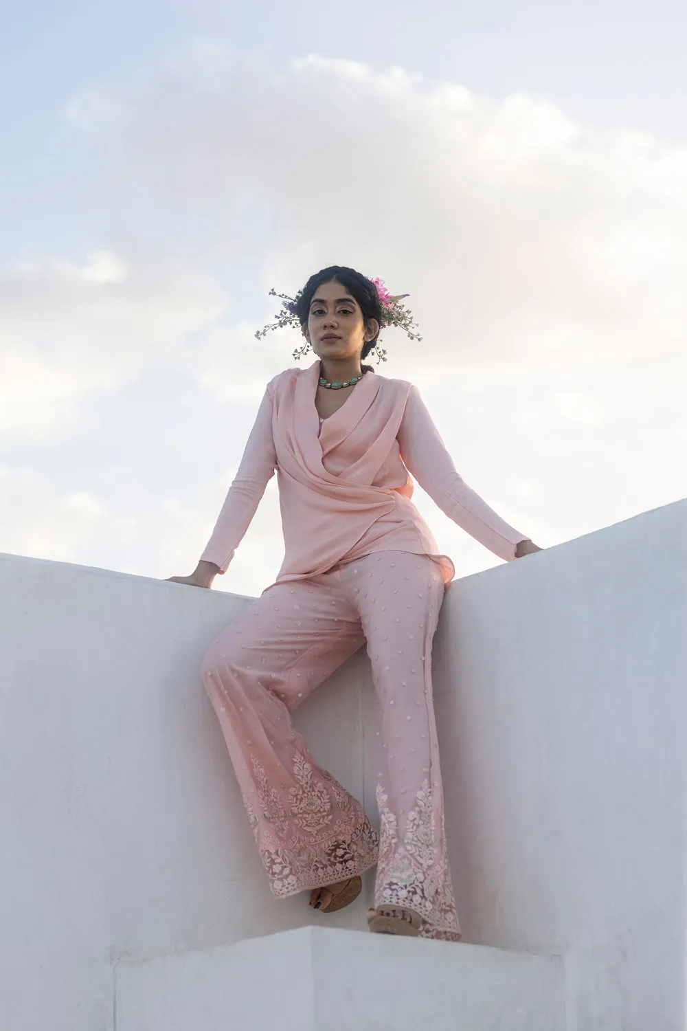 Satin Draped Blazer With Net Embroidered Pants