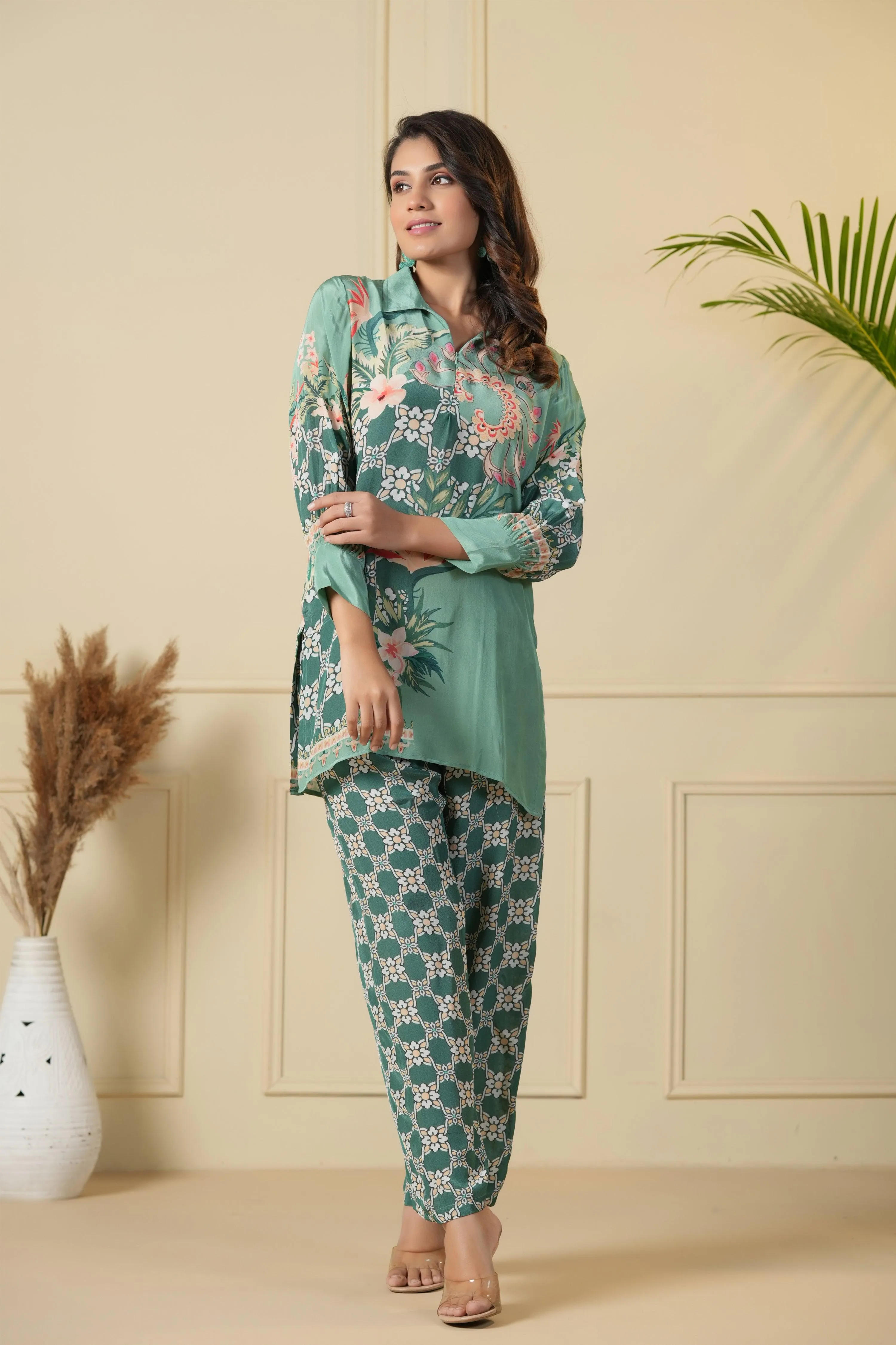 Sea Green Printed Tunic & Trouser Co-Ord Set