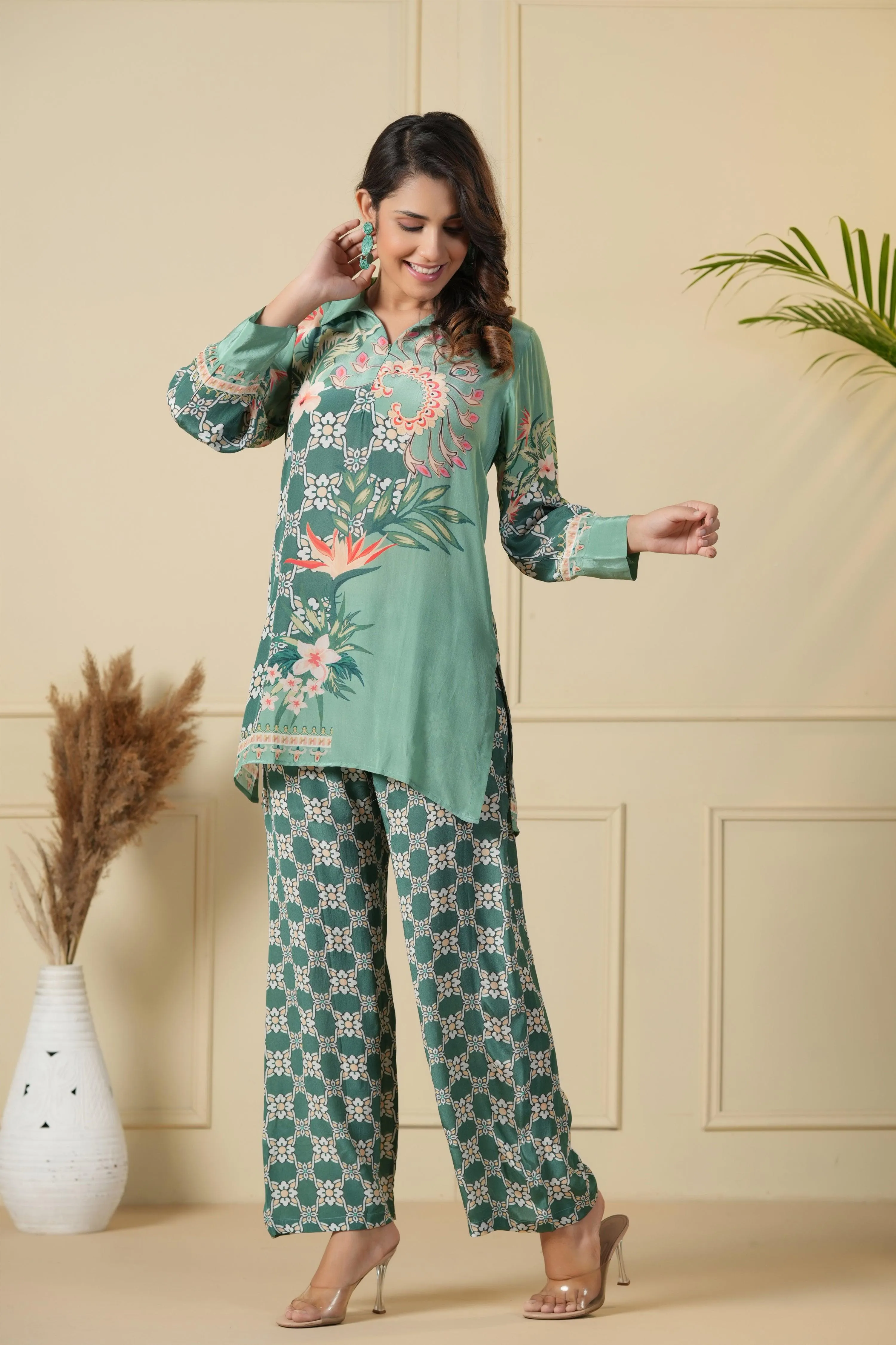 Sea Green Printed Tunic & Trouser Co-Ord Set