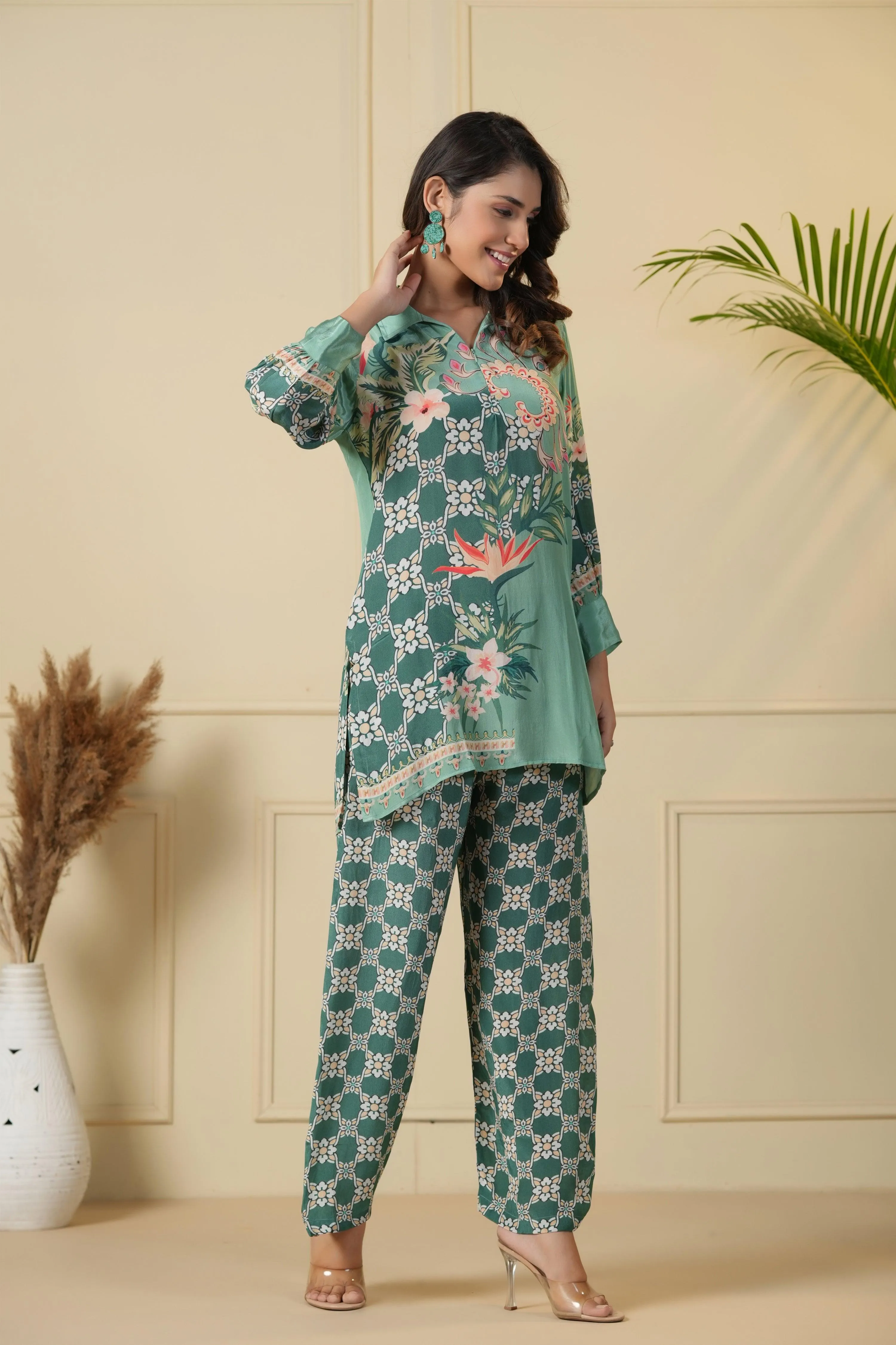 Sea Green Printed Tunic & Trouser Co-Ord Set