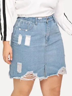 SHEIN Plus Ripped Raw Hem Denim Skirt