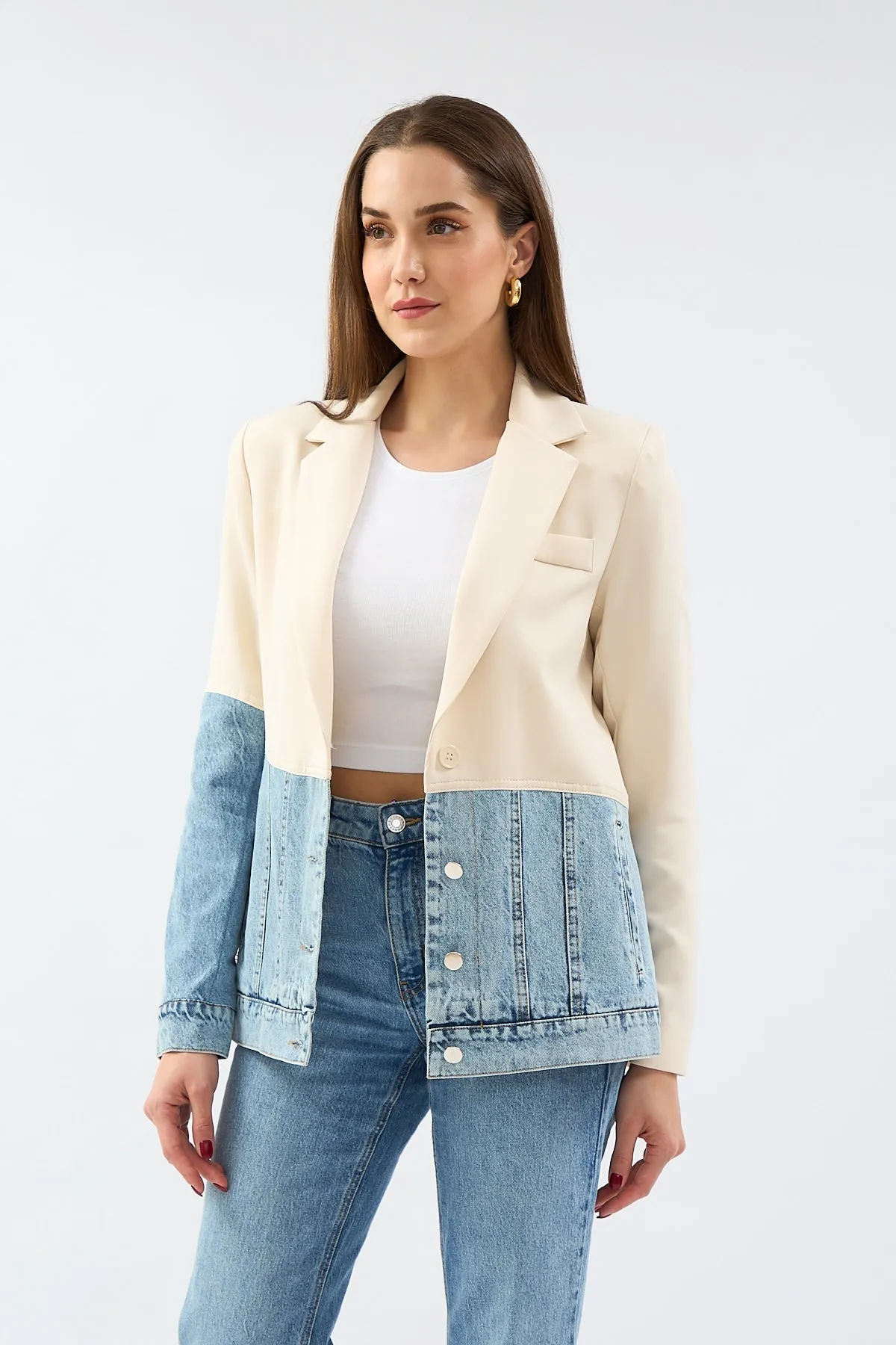 Stone Double Breasted Collar Piece Jean Stitched Blazer Jacket