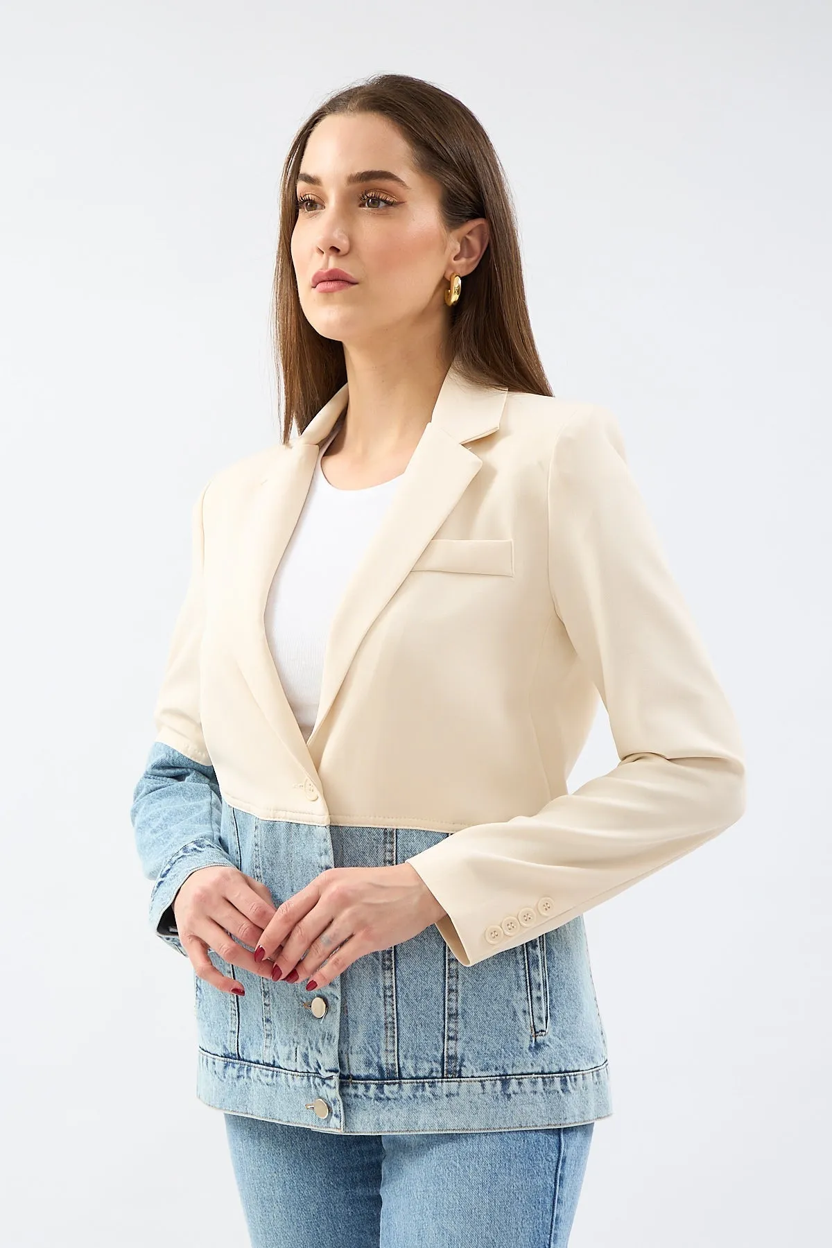 Stone Double Breasted Collar Piece Jean Stitched Blazer Jacket