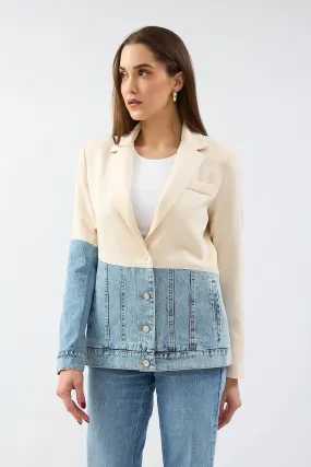 Stone Double Breasted Collar Piece Jean Stitched Blazer Jacket