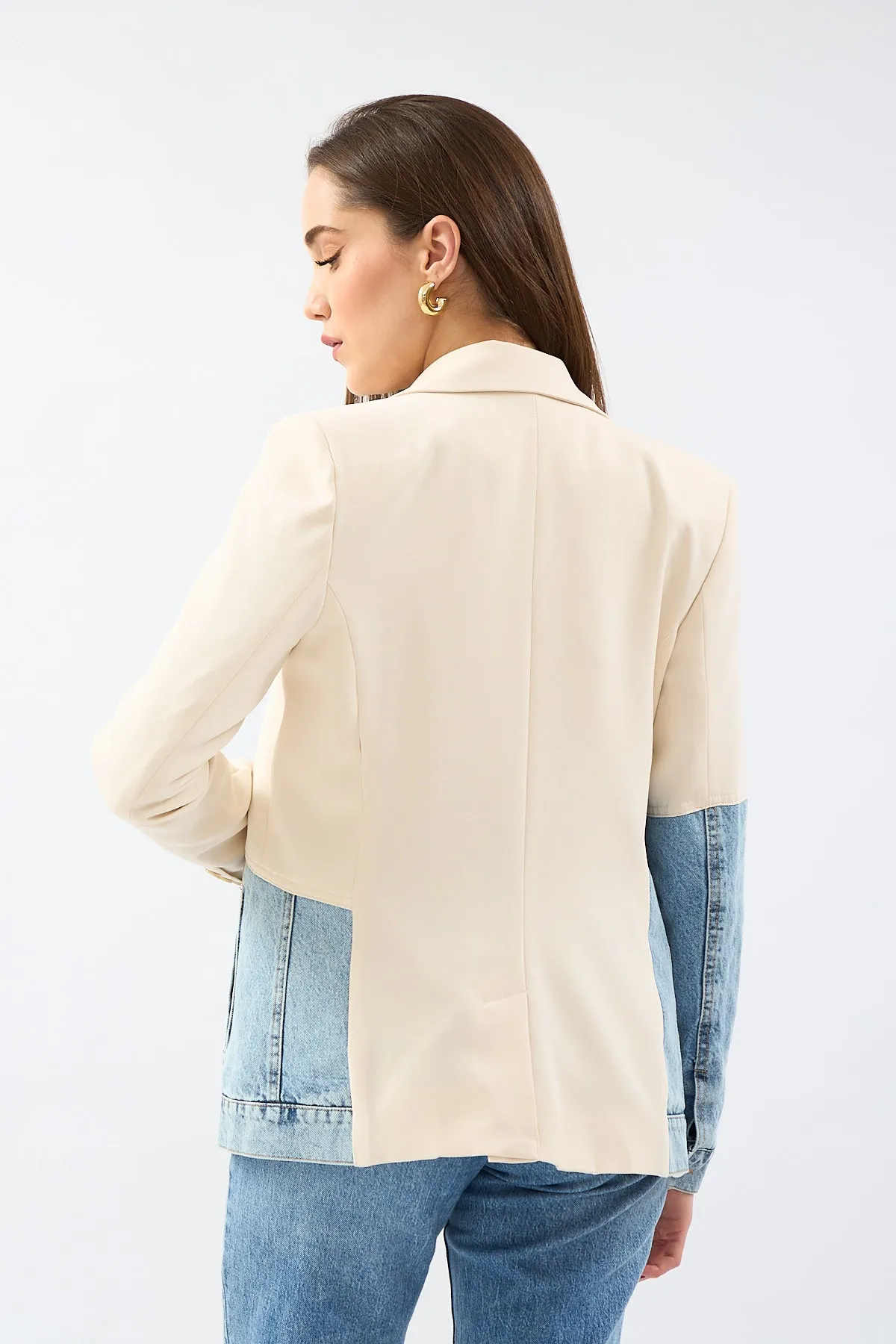 Stone Double Breasted Collar Piece Jean Stitched Blazer Jacket