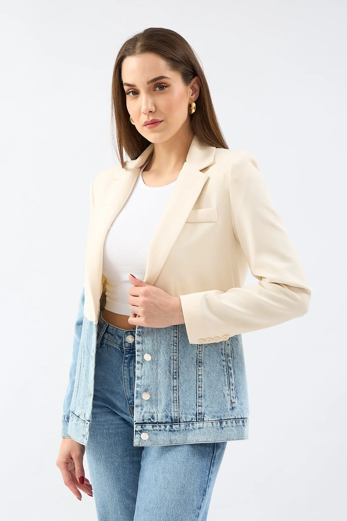 Stone Double Breasted Collar Piece Jean Stitched Blazer Jacket