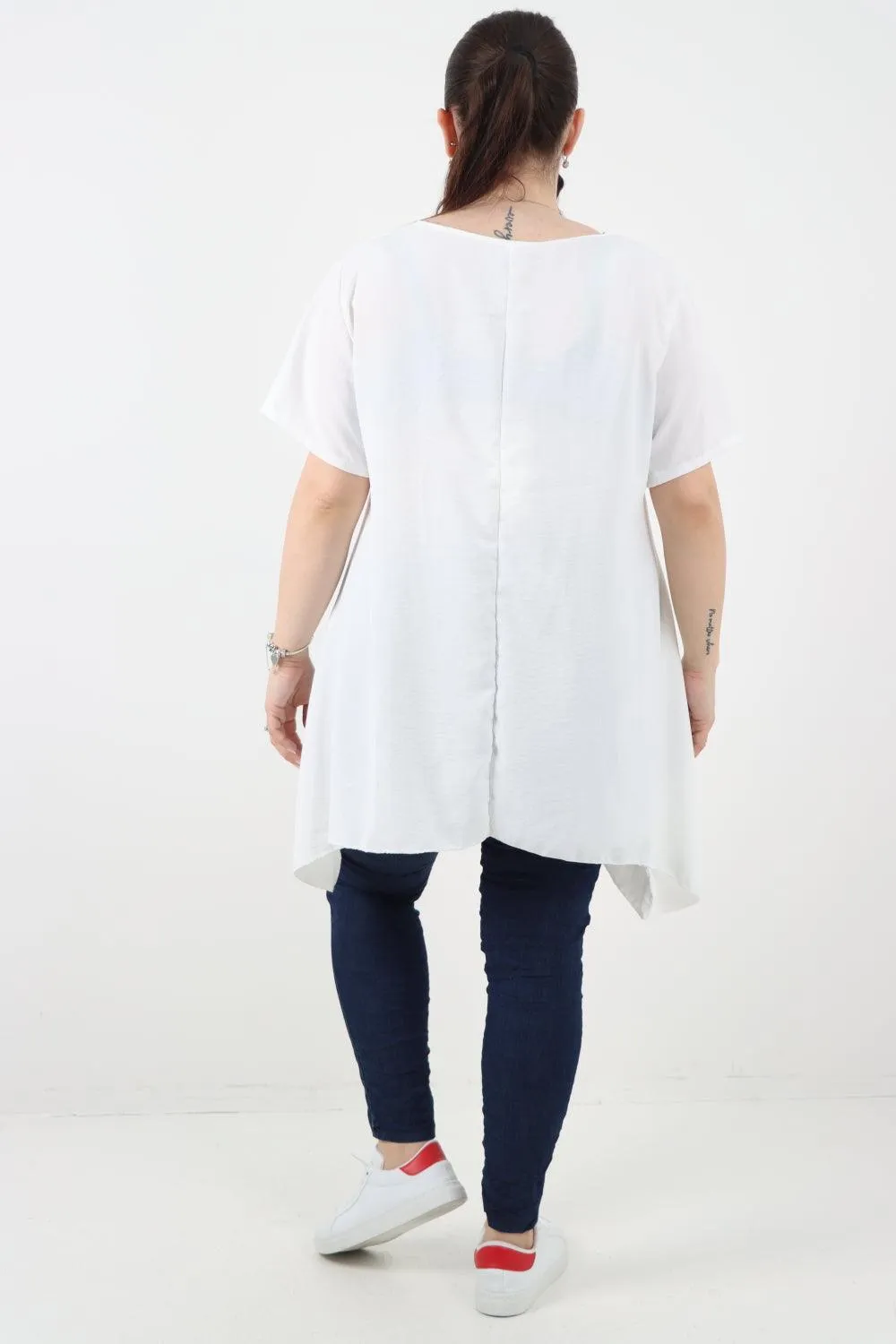 Stud Pocket Tie Detail Hanky Hem Tunic Top