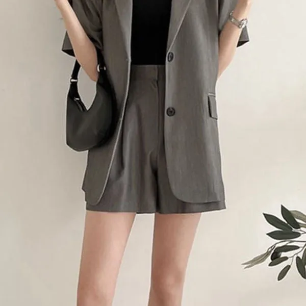 Two Button Short Sleeve Blazer Top Suit Shorts Set